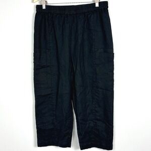 Sympli 100% Linen Black Cargo‎ Pants Womens Medium Elastic Waist Pull On Pockets
